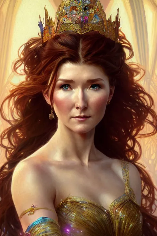 Image similar to Jewel Staite as a princess, fantasy, intricate, elegant, highly detailed, digital painting, artstation, concept art, matte, sharp focus, illustration, art by Artgerm and Greg Rutkowski and Alphonse Mucha