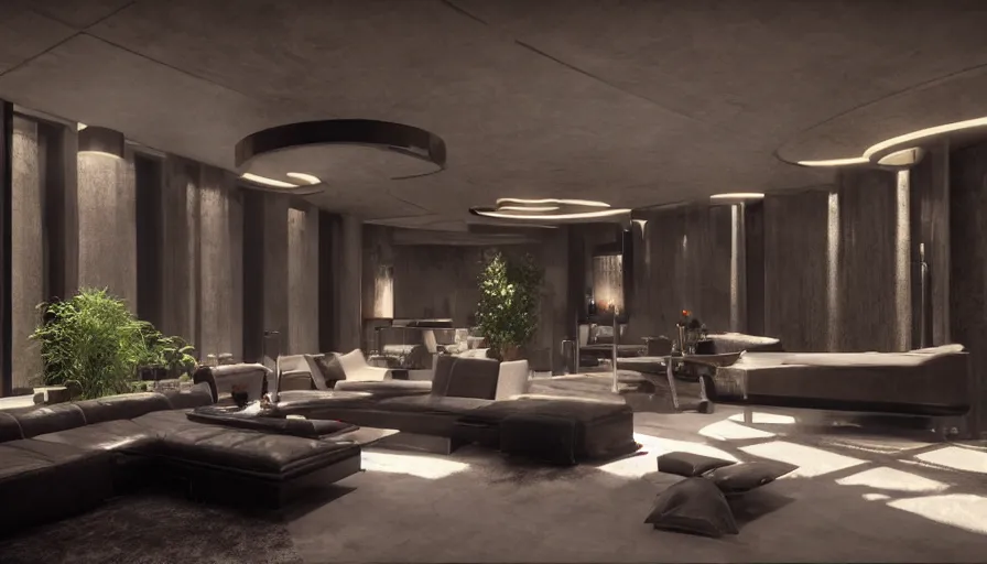 Prompt: a futuristic apartment interior in the style of a red granite cavern, one black leather couch, luxury, plants, pool of water, high ceiling, dark moody lighting, foggy atmosphere, 16mm lens, by craig mullins, octane rendering