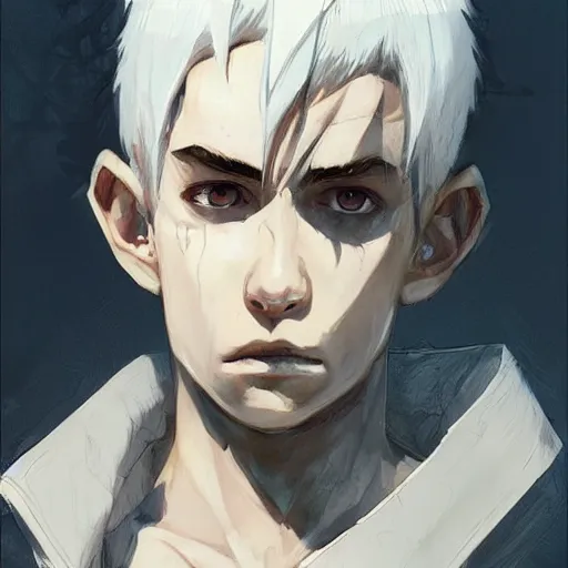 Image similar to boy with white hair holding skull, by makoto shinkai, greg rutkowski, artstation, high detailed, cgsociety,