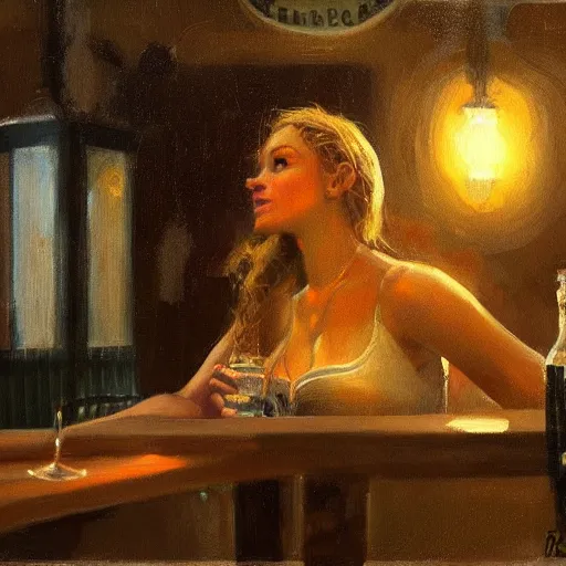 Image similar to a painting of a female drunk in a bar. by randolph hewton and edward robert hughes. trending on artstation, highly detailed, volumetric lightning, cinematic lightning