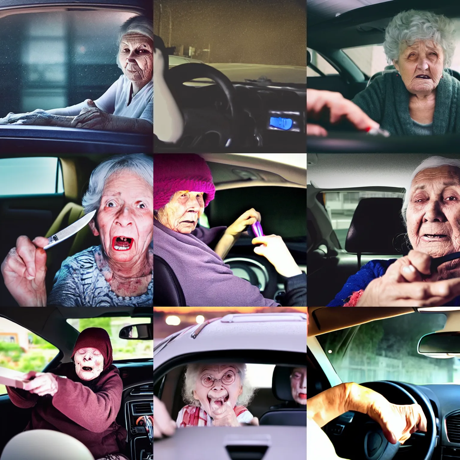 Prompt: Old lady with a knife, dashboard cam, scary, horror, in the middle of the night