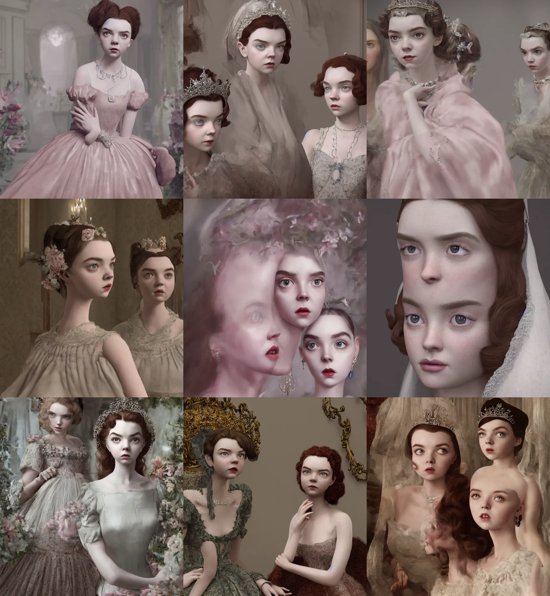 Image similar to a mix of of lily cole anya taylor - joy and audry hepburn, tiara, 1 8 th century manor, hyperrealism photorealism, 8 k, hdr, unreal engine 5, octane render, photorealistic, extremely detailed, intricate, in the style of mark ryden, lostfish, earl nore, hyung tae, frank frazetta