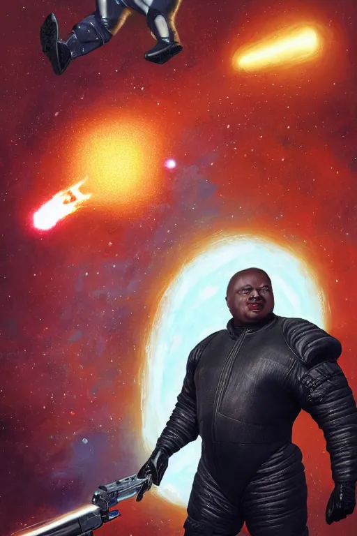 Prompt: portrait of a black man as baron harkonnen wearing leather spacesuit, standing on rocky outcrop and firing a retro laser pistol, detailed, nebula space background, illustration by normal rockwell, artstation character art, adebanji alade, concept art, greg rutkowski, artgerm