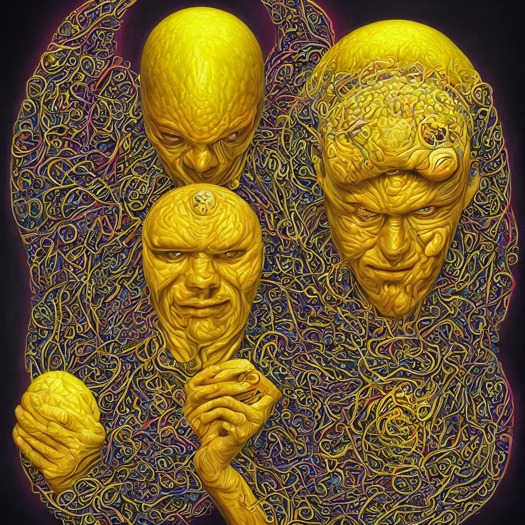 Image similar to Alex Grey painting of a lemon god, highly detailed, symmetrical, trending on artstation