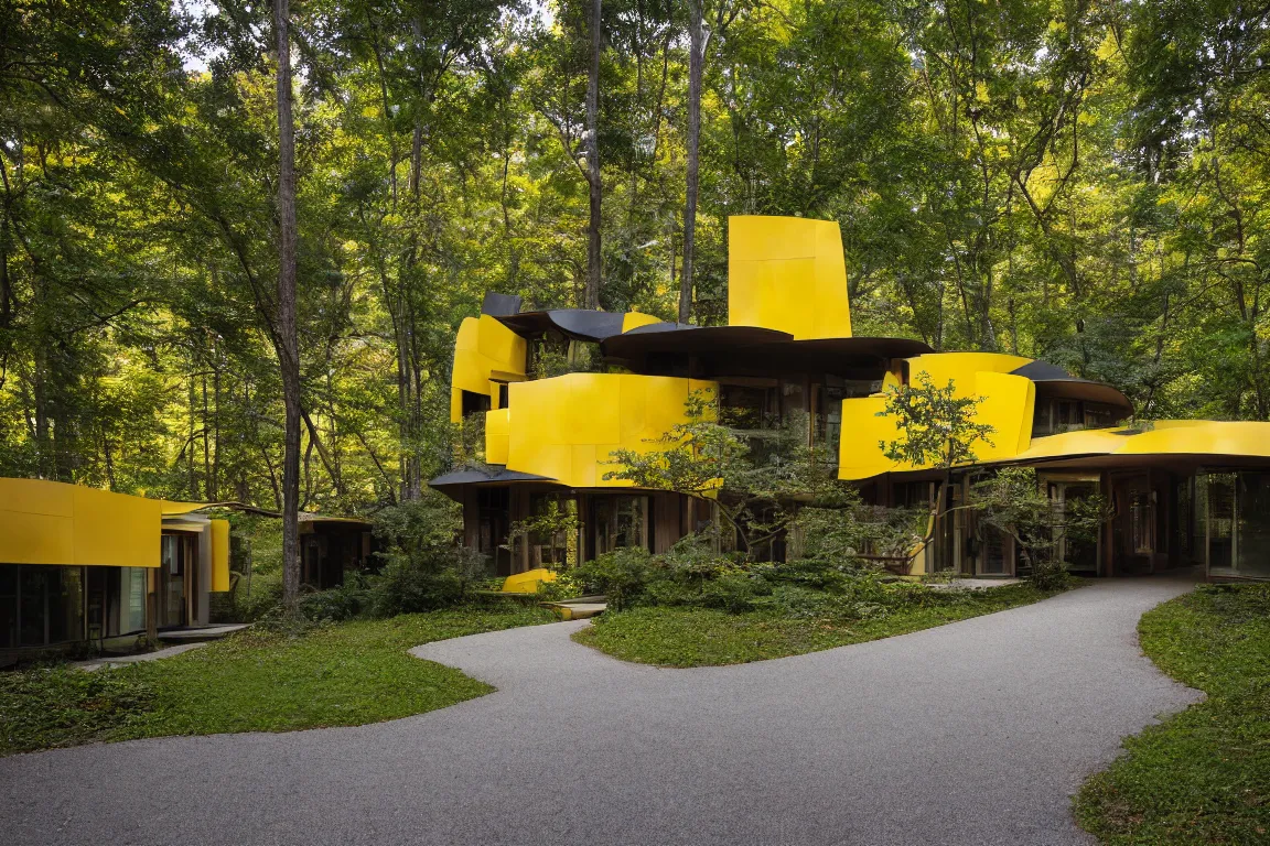 Image similar to a mid century modern house in a forest, designed by Frank Gehry. Tiles. Small gravel driveway . Film grain, cinematic, yellow hue