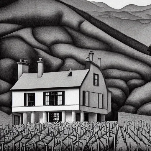 Image similar to Hyperrealism traditional austian house in a vineyard painting by MC Escher