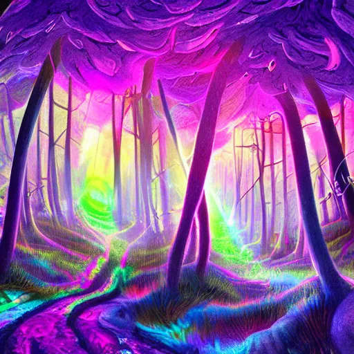 Image similar to synthwave mystic mushroom forest, sunbeams, psychedelic colors, digital painting