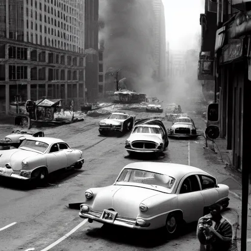 Prompt: sun is blazing. city is empty. cars are on fire. film noir