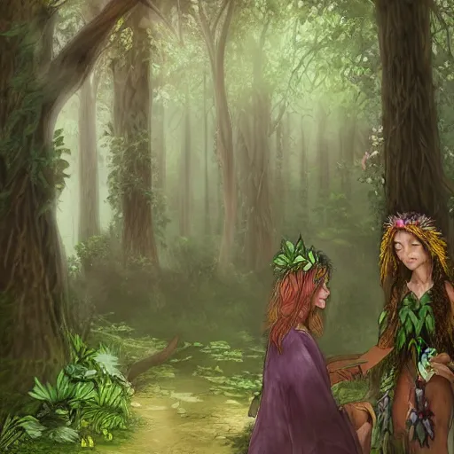 Prompt: a pretty mystical forest druid meeting a wanderer in her grove, highly detailed, photorealistic