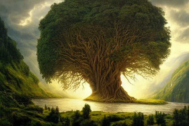 Prompt: masterpiece painting of lord of the rings tree of life on a hillside overlooking a creek, dramatic lighting, hyperrealism concept art of highly detailed by andreas franke