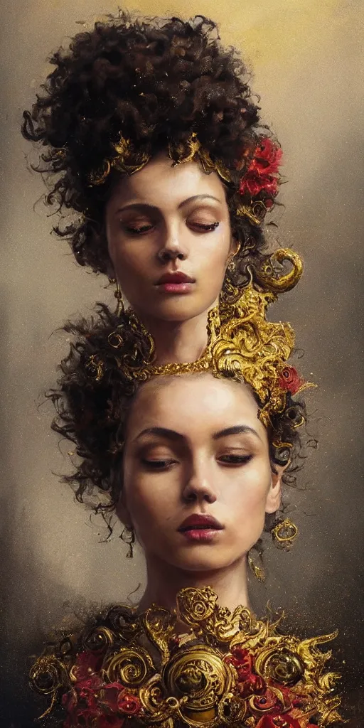 Image similar to an epic painting of a 1 9 years old girl figure, curly messy high bun hairstyle, oriental tattoos, jeweled ornament over forehead, subject wearing a gold and black high fashion gown, flowing, ornate, beautiful, intricate, dramatic earth colors, with few fire red highlights, by jeremy mann and greg rutkowski, oil on canvas, artstation