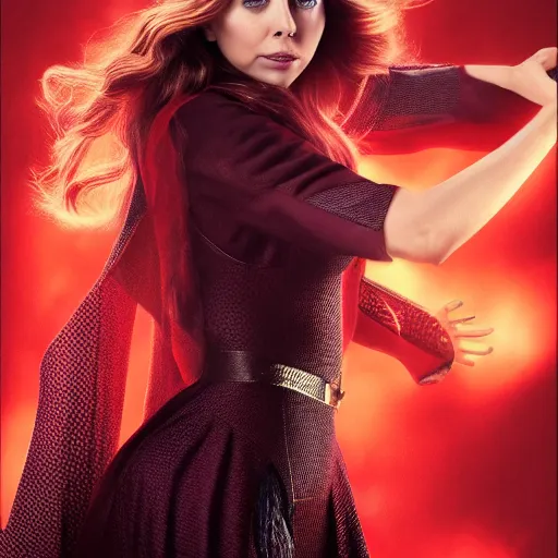 Image similar to elizabeth olsen as the scarlet witch emanates magic from her palms, full - body portrait, 3 5 mm!!!!! photography, disdain facial expression, messy!!!!! hair, trending on artstation, photorealistic!!!!!, 4 k, 8 k