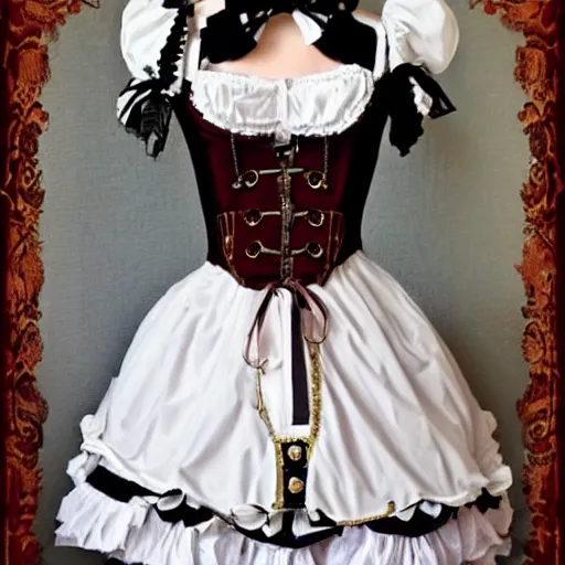 Prompt: a steampunk themed lolita outfit ; the fabric has pictures of gears and bolts on it. A beautiful lolita dress, Angelic Pretty