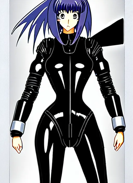 Image similar to Portrait of a female mech pilot in a latex bodysuit, 90s anime, cel-shaded, highly detailed, desaturated, gothic, oppressively atmosphere, poster