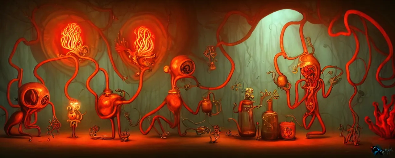 Image similar to whimsical weird chthonic alchemist creatures inside a visceral arterial alchemical lab within the left ventricle of a human heart, dramatic lighting fiery red lighting, surreal fleischer cartoon characters, surreal painting by ronny khalil