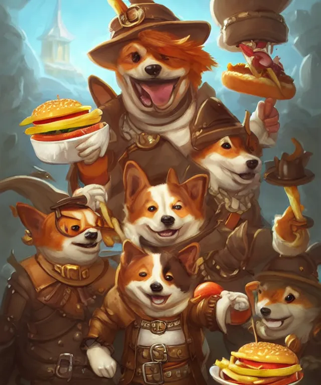 Prompt: a portrait of three anthropomorphic corgi pirates eating hamburgers and fries, restaurant in background, cute and adorable, dnd character art portrait, well rendered matte fantasy painting, deviantart artstation, by jason felix by steve argyle by tyler jacobson by peter mohrbacher, cinematic lighting