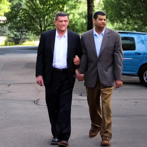 Image similar to Andy Griffith walking down the street, holding hands with George Zimmerman