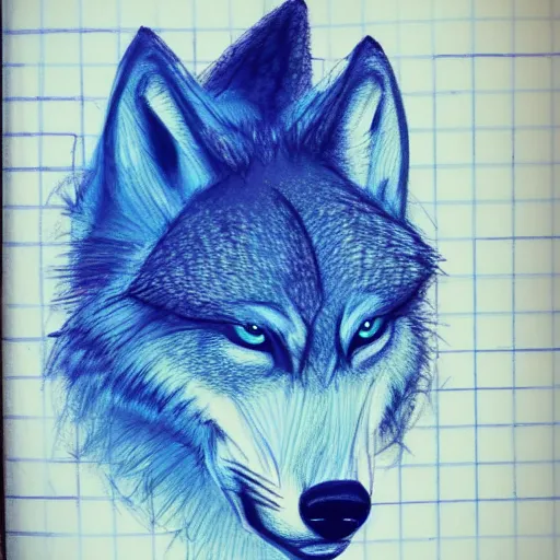 Prompt: portrait of an anthro furry fursona blue wolf with blue fur, handsome eyes, sketch doodles surrounding it, photo of notebook sketch