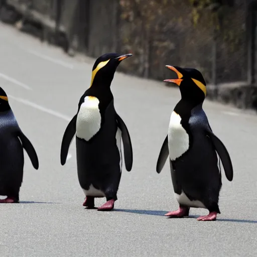 Image similar to penguins in dresses walking across the road