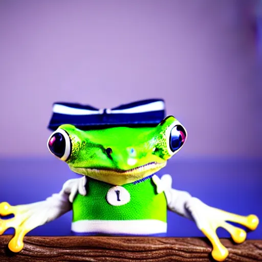 Image similar to cute frog wearing a sailor suit, studio photography,