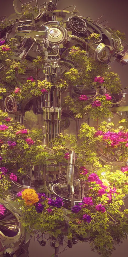 Prompt: a lovely mechanical cornucopia of flowers sci-fi futuristic utopian machine parts wires circuits highly detailed octane render cinematic