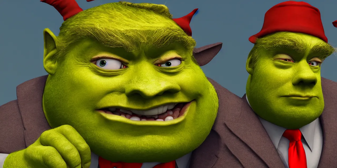 Image similar to donald trump as shrek, hyperdetailed, artstation, accurate, octane render, surreal, 8k