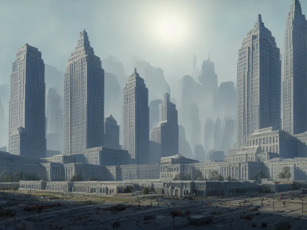 Prompt: landscape matte painting by fan wennan. communist american future capitol shining in the sun after the triumph of socialism in america, highly detailed, artstation, 8 k, photorealistic, hyperrealism, grounded rectangular governmental architecture, imposing, strength, abundance, america 2 0 9 8