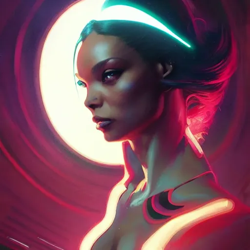 Image similar to cyborg Normani as aeon flux profile picture by Greg Rutkowski, dynamic pose, dreamlike, neon lights, intricate, futuristic, fantasy, elegant, by Stanley Artgerm Lau, greg rutkowski, thomas kindkade, alphonse mucha, loish, norman Rockwell,