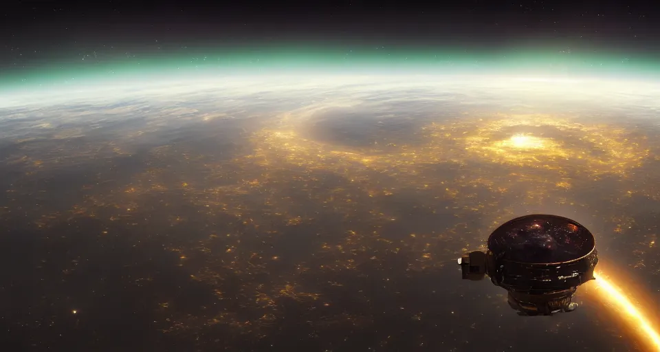 Image similar to 2 0 2 2 sfx masterpiece. weta studios. cgsociety. trending on artstation. golden mean. view of the planet down below. space station pov. screenshot from the new sci - fi metroid film directed by denis villeneuve. 4 k. cinema. close orbital of a new alien world nested within an asteroid belt nebula. purple and green clouds lightning aurora