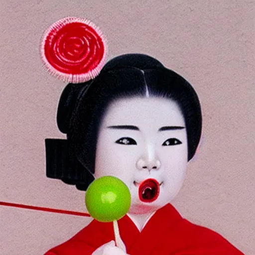 Prompt: photograph of a young maiko licking a lolipop, realistic, red highlights, portrait,detailed,