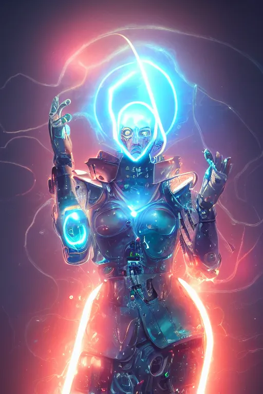 Prompt: beautiful cybernetic cyborg masked mage, lightning and holograms, fantasy, magic, digital art, trending on artstation, professional illustration, ultra detailed, celshaded, burst of power, boss fight