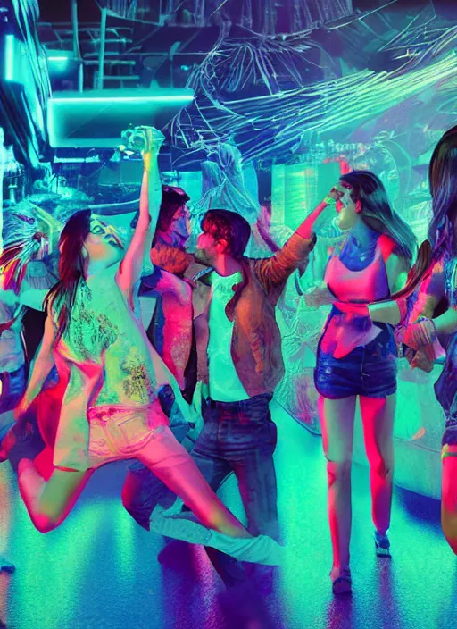 Prompt: Detailed vivid photo of happy, kind, exuberant people riot-partying in virtual urban warehouse, dreamy soft neon lights, 3d octane render, film look, realistic, photo, detailed, patriotic, highly detailed, sharp focus, leica, zeiss, kodak film look, digital illustration, digital painting, concept art, hyper detailed, illustration, fantasy, art by artgerm and greg rutkowski and alphonse mucha, dynamic lighting, art by peter mohrbacher on artstation, night mood, Moebius, Greg Rutkowski, Zabrocki, Karlkka, Jayison Devadas, Phuoc Quan, zenith view, cyberpunk pincushion lens effect