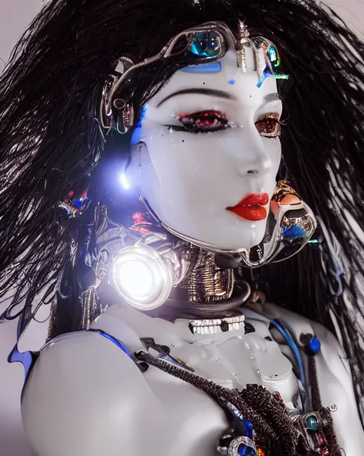 Image similar to 3 / 4 portrait photo of belly dancer as a mecha humanoid robotic head shoulder parts with straight bright led lights, inside white room, ultra - realistic and detailed, shallow depth of field 8 k