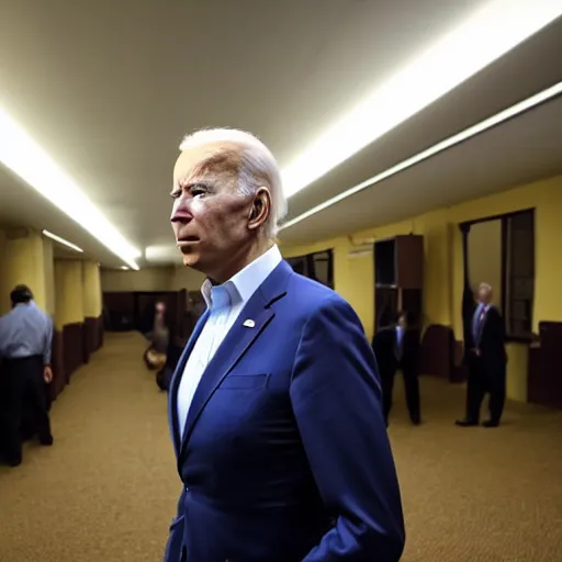 Prompt: Joe Biden lost in the backrooms, old moist carpet, mono-yellow, fluorescent lights, randomly segmented rooms, eerie