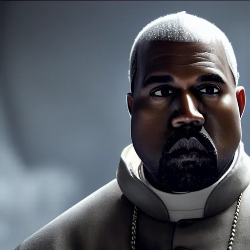 Image similar to kanye west as the pope pope in the vatican ( gears of war battlefield 5 ), splash art, movie still, cinematic lighting, dramatic, detailed face, octane render, long lens, shallow depth of field, bokeh, anamorphic lens flare, 8 k, hyper detailed, 3 5 mm film grain