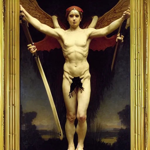 Prompt: portrait of a fully armed skeleton archer with big sword, wearing helmets and armor with wings, symmetrical, solemn, sacred, aura, by bouguereau