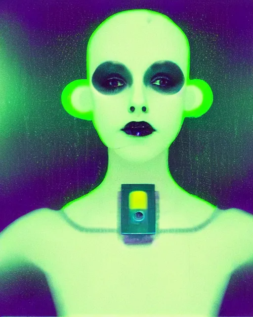 Image similar to cut and paste, featureless surprised robotic woman's face, short metallic hair, dark makeup, violet and yellow and green and blue lighting, polaroid photo, 1 9 8 0 s cgi, atmospheric, whimsical and psychedelic, grainy, expired film, super glitched, corrupted file, ghostly, bioluminescent glow, sci - fi, twisty