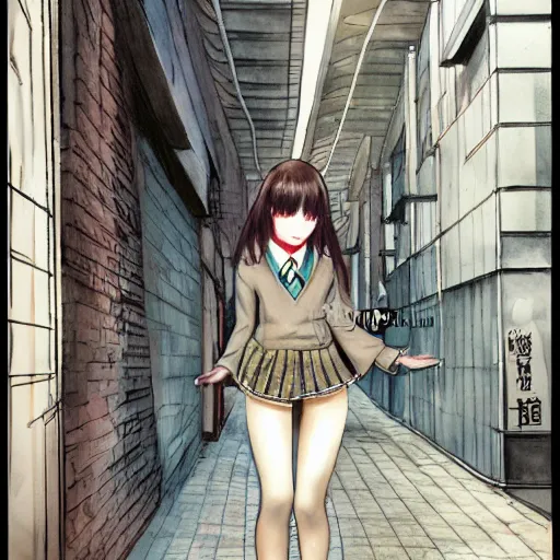 Image similar to a perfect, realistic professional digital sketch of a Japanese schoolgirl posing in a sci-fi alleyway, style of Marvel, full length, by pen and watercolor, by a professional American senior artist on ArtStation, a high-quality hollywood-style sketch, on high-quality paper