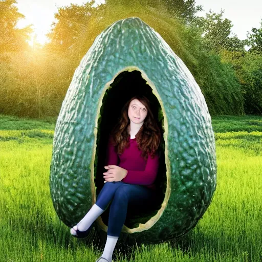 Prompt: hermione sitting inside an a giant avocado, inside an a giant avocado, in a field, at hogwarts, ultra realistic, morning, 4 k, cinematic lighting, avocado suit, sitting in an avocado, realistic, photography - n 4