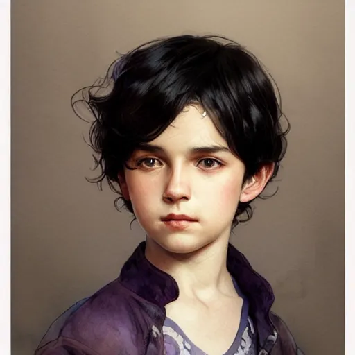 Image similar to young boy, black hair, purple eyes, gorgeous, amazing, delicate, elegant, intricate, highly detailed, watercolor, portrait, artstation, concept art, sharp focus, illustration, art by artherm and greg rutkowski and alphonse mucha