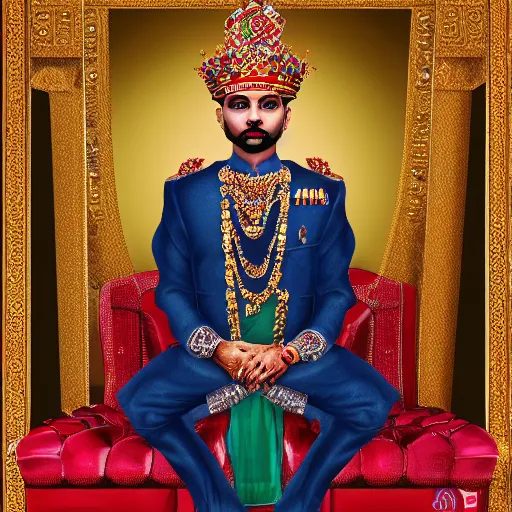 Image similar to the king of india sitting on a throne, detailed face with red lips, blue eyes and large forehead, moody atmosphere, digital art, highly detailed, high contrast, beautiful lighting, award winning, trending on art station, photorealistic, 8 k,