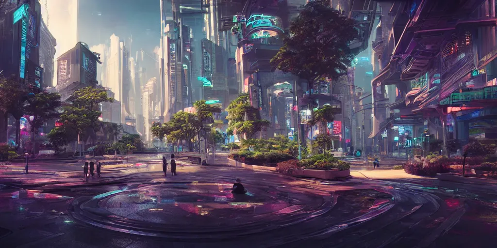 Image similar to professional photo from the streets of a futuristic utopian cyberpunk thriving city full of botanical gardens, floral, advanced economy, tree varieties, 4k, highly detailed, Unreal Engine, ray trace, octane render