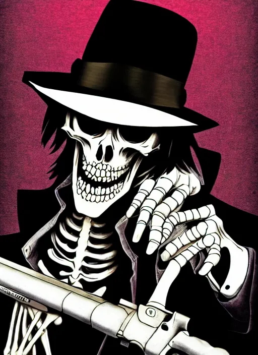 Image similar to shin megami tensei art of a demon that is a skeleton mafia gangster from 1 9 3 0 s holding a tommygun!!! wearing a fedora, art by kazuma kaneko, demonic! compedium!, digital drawing, law - alligned, white background, high quality, highly detailed