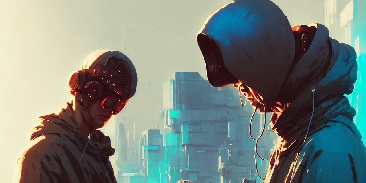 Image similar to cyberpunk synth, hyper - realistic portrait of a man in a hoodie, cyberpunk, by atey ghailan, by greg rutkowski, by greg tocchini, by james gilleard, by joe fenton, by kaethe butcher, dynamic lighting, gradient light blue, brown, blonde cream and white color scheme, grunge aesthetic