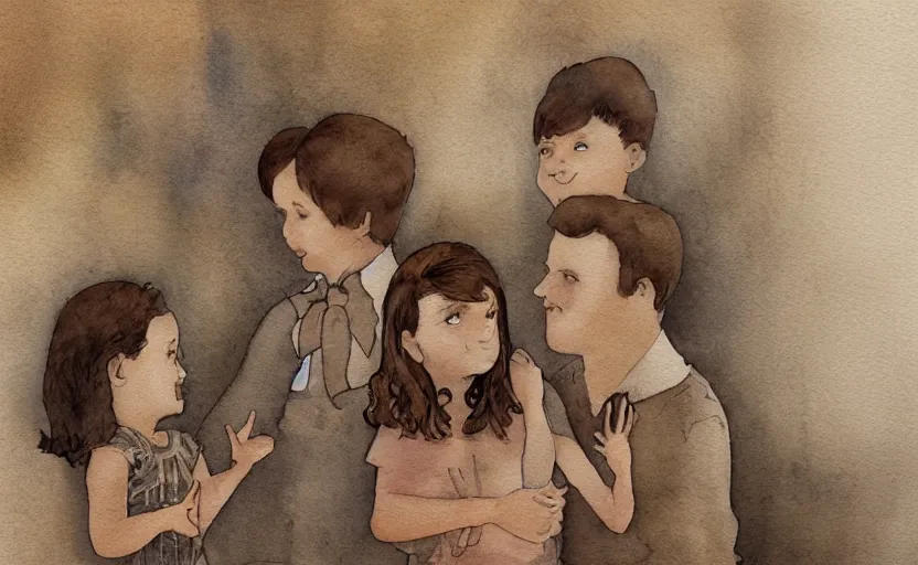 Image similar to storybook illustration of family portraits hanging on a wall, watercolor, sepia tints