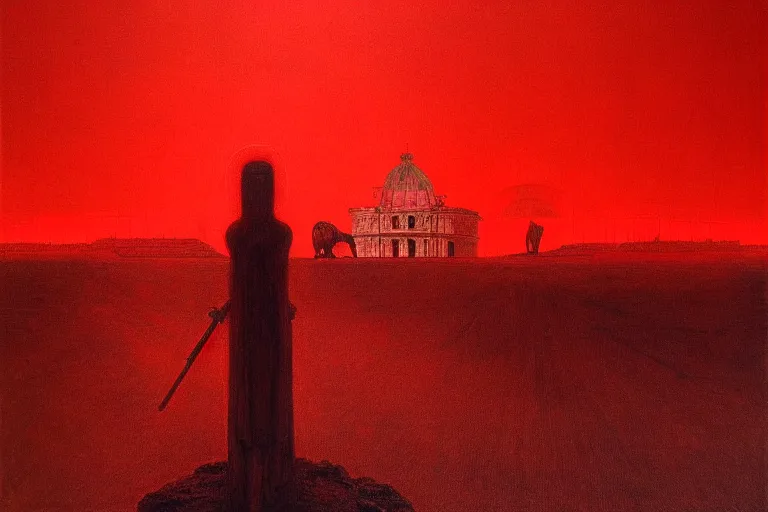 Image similar to only with red, caesar after war, a red tiger, in hoc signo vinces, rome in background, an ancient path, in the style of beksinski, part by hopper, part by rodcenko, part by hofbauer, intricate composition, red by caravaggio, insanely quality, highly detailed, masterpiece, red light, artstation