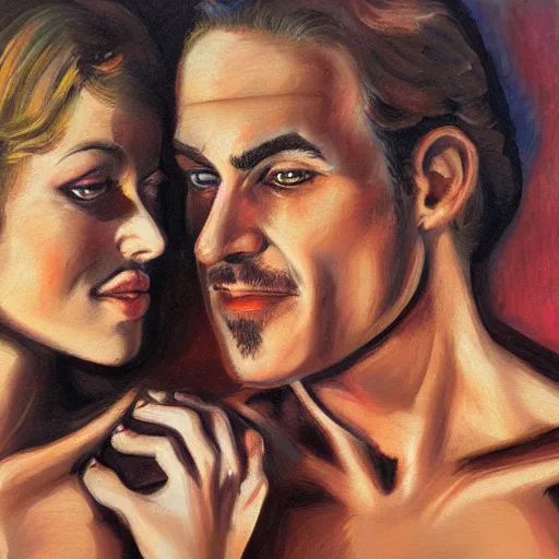 Image similar to perfectly centered symmetrical split male and female portrait of man and woman in love sharing one heart ; oil painting by will eisner, photorealistic, highly detailed