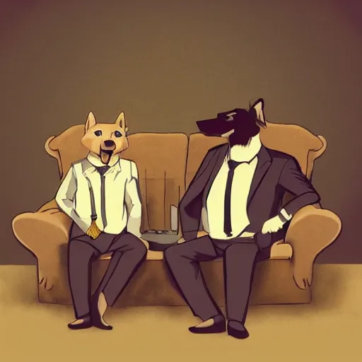 Image similar to two anthropomorphic german shepherds beast - men, they are wearing suits sitting on a couch and talking together, artstation, concept art, smooth, sharp foccus ilustration, artstation