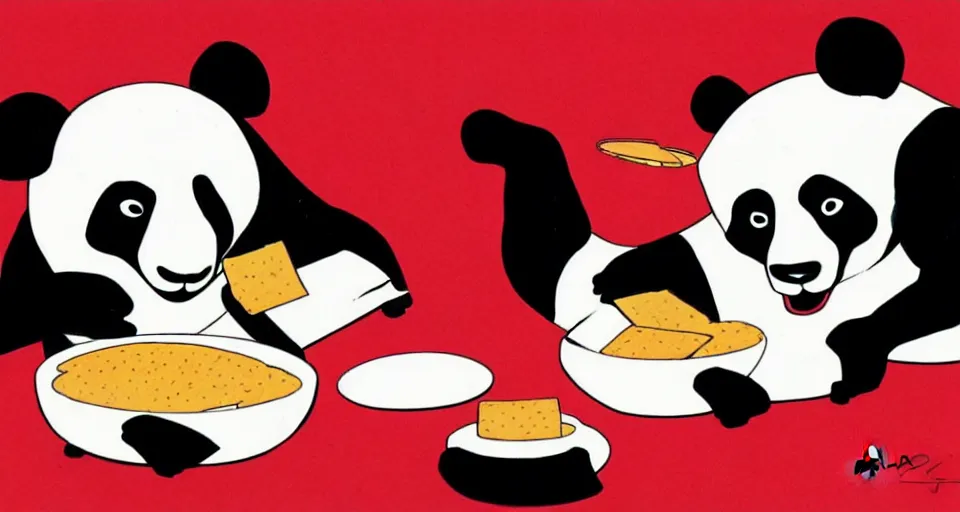 Image similar to a comic book illustration of a panda eating crackers by Bruce Timm