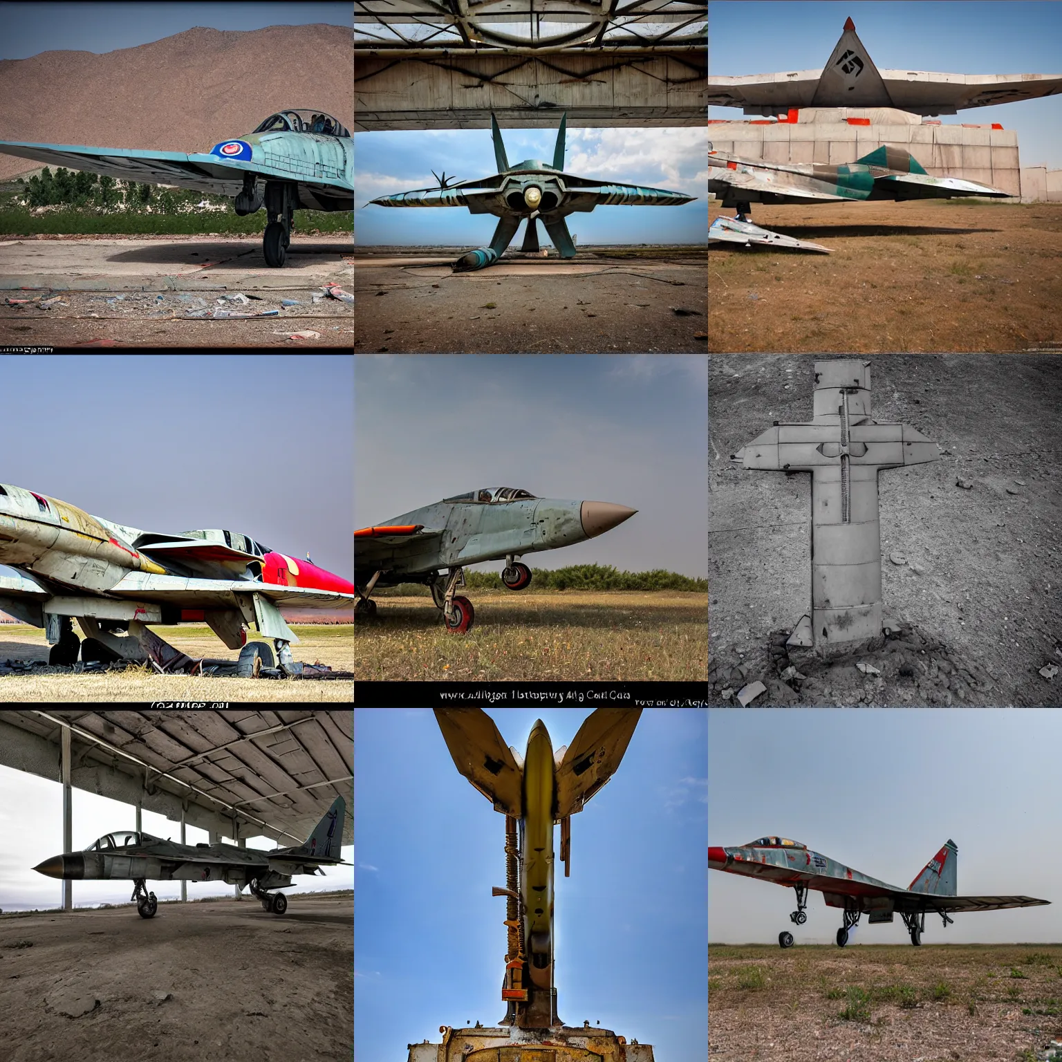 Prompt: abandoned soviet mig - 2 1 monument airbase central asia, high qaulity, award winning photography